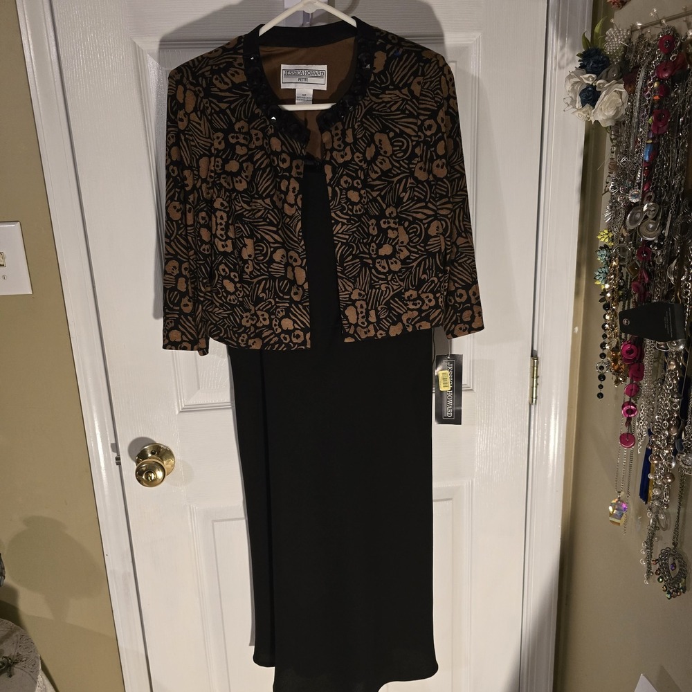 Jessica Howard Petite 10P Dress Set Black Midi‎ Brown Abstract Jacket NWT
